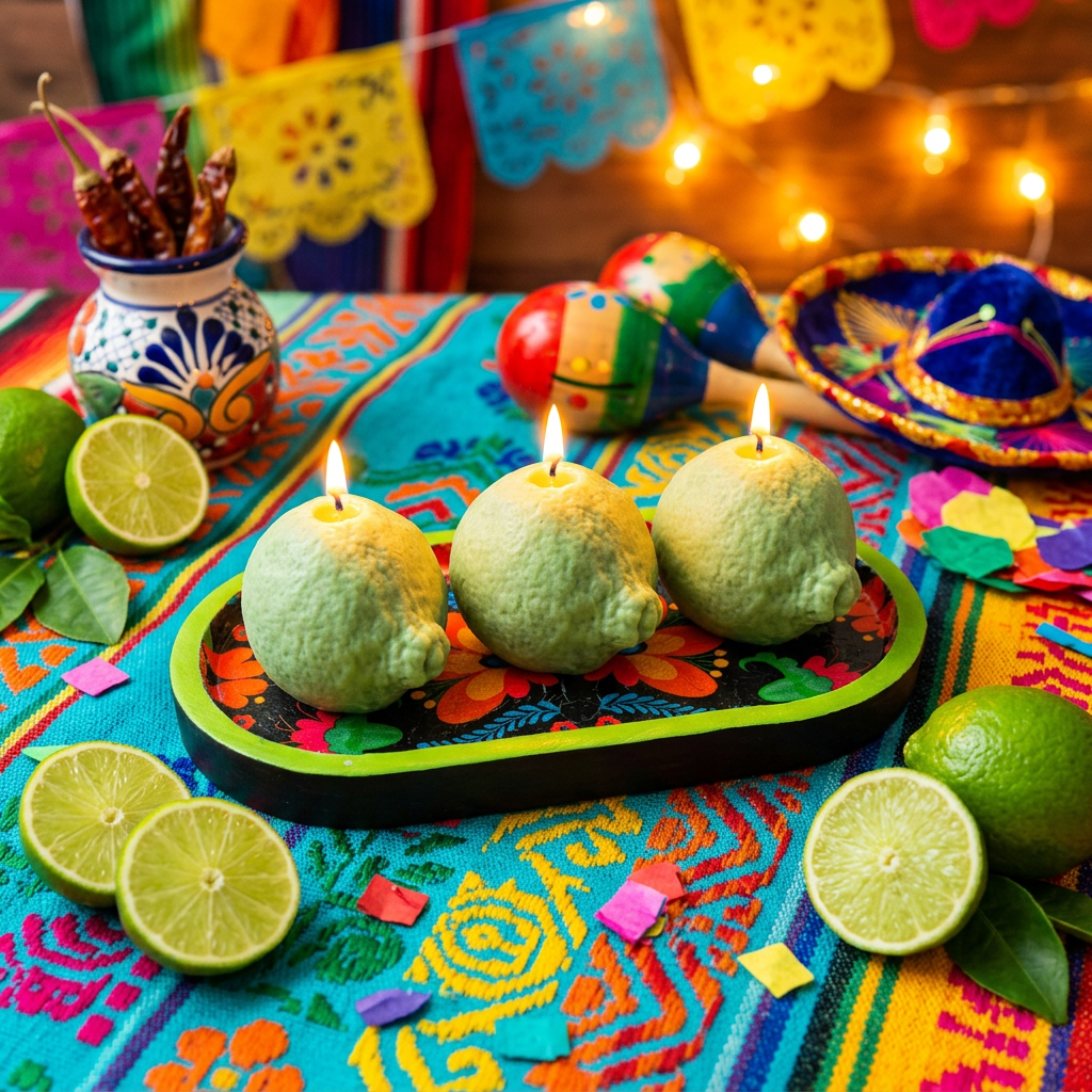 Fiesta Lima – Artisan Lime Candle with Mexican Folk‑Art Tray | Citrus Candle | Fruit Candle Home Décor | Colourful Summer Kitchen Styling | Handcrafted Gift