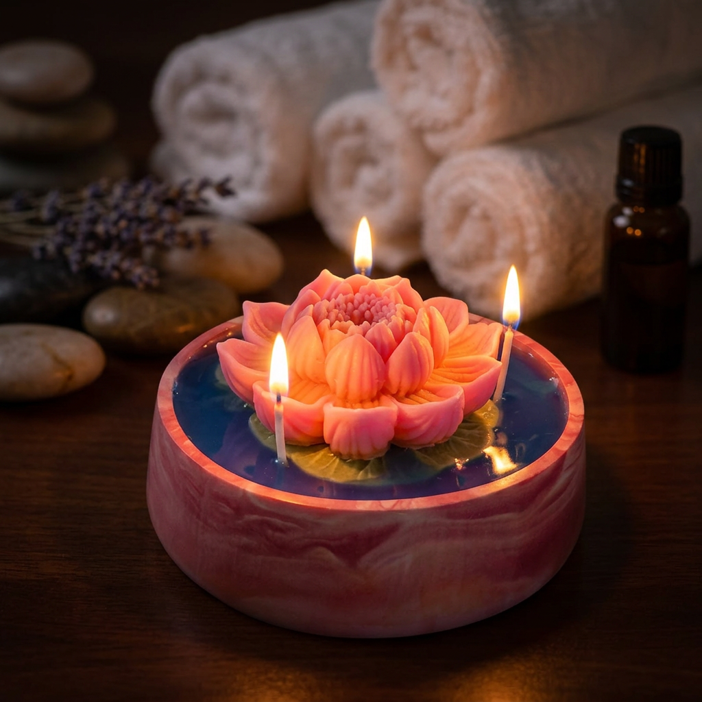 Lotus After The Rain — Sculptural Lotus Candle in Resincrete Bowl (Lotus • Petrichor • Vetiver)
