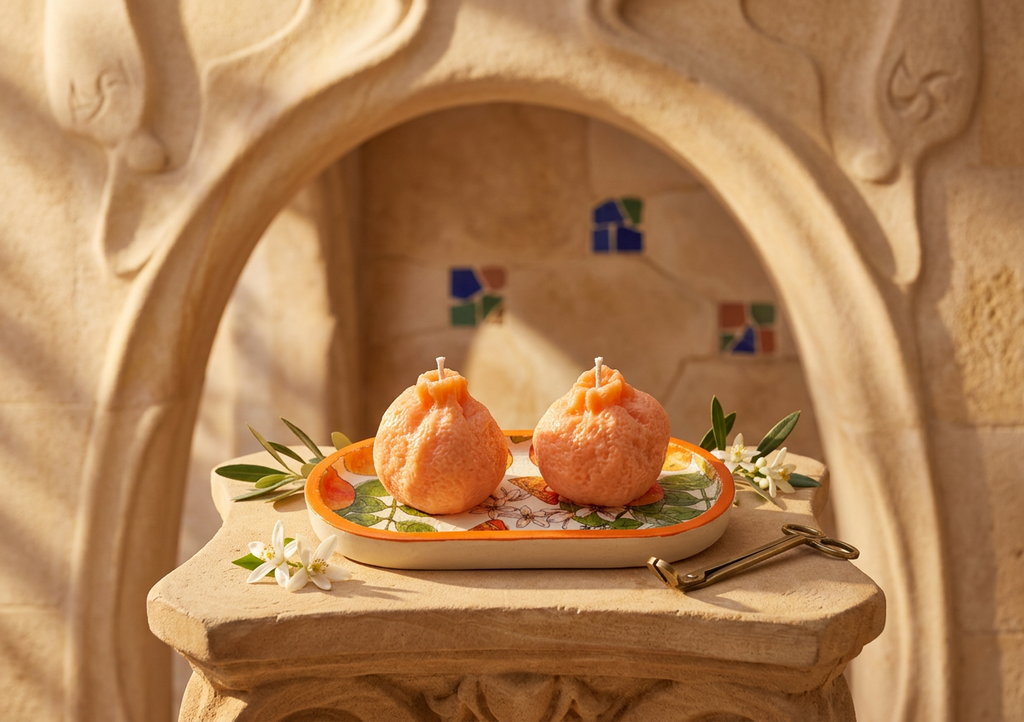 Handmade Citrus Wax Sculpture & Decoupaged Trinket Dish — Mediterranean Spring Home Décor