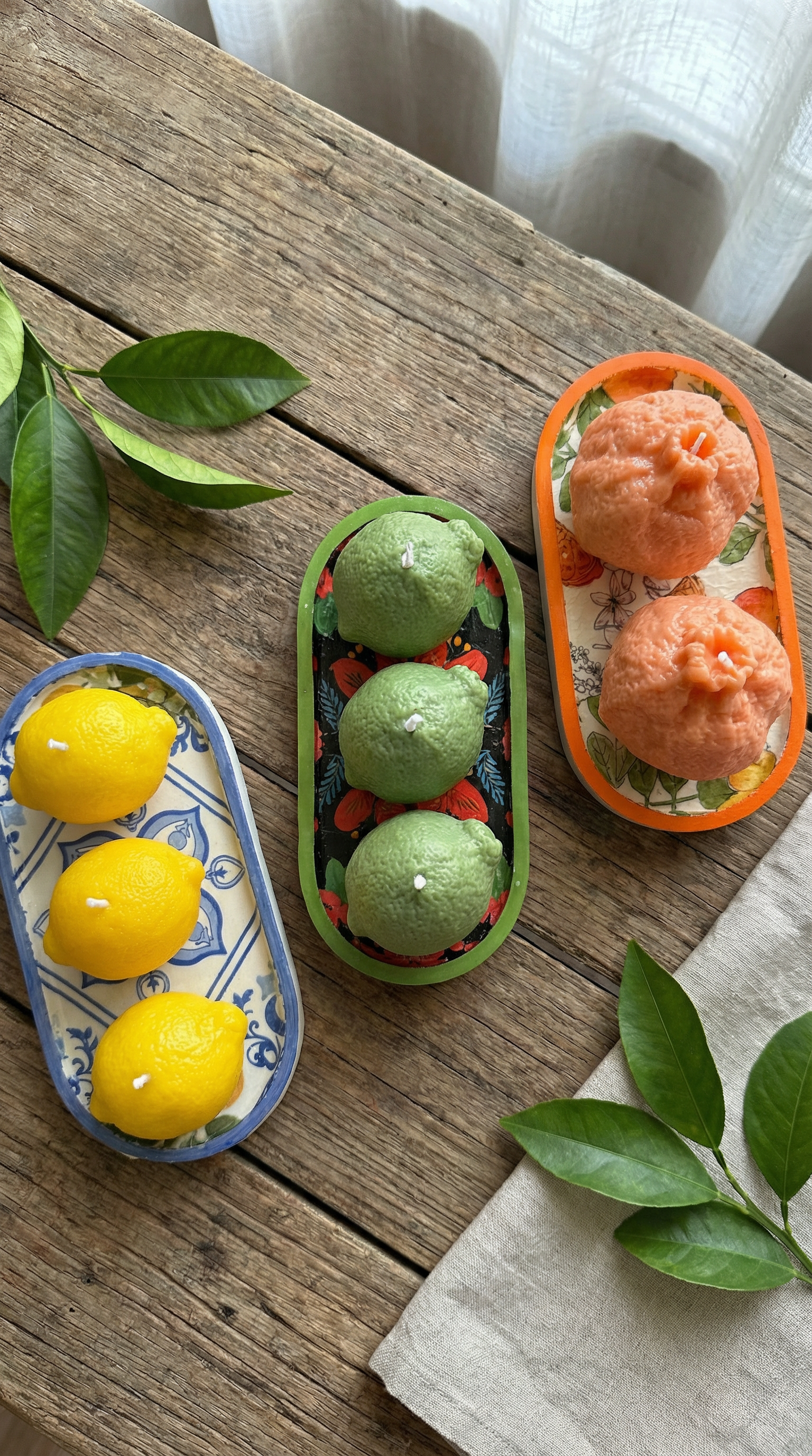 Handmade Citrus Wax Sculpture & Decoupaged Trinket Dish — Mediterranean Spring Home Décor