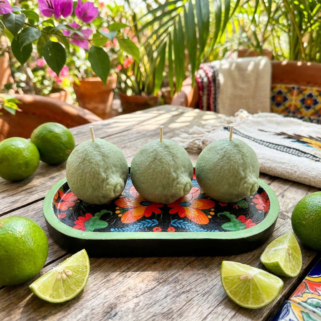 Fiesta Lima – Artisan Lime Candle with Mexican Folk‑Art Tray | Citrus Candle | Fruit Candle Home Décor | Colourful Summer Kitchen Styling | Handcrafted Gift