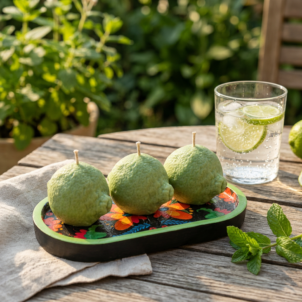 Fiesta Lima – Artisan Lime Candle with Mexican Folk‑Art Tray | Citrus Candle | Fruit Candle Home Décor | Colourful Summer Kitchen Styling | Handcrafted Gift