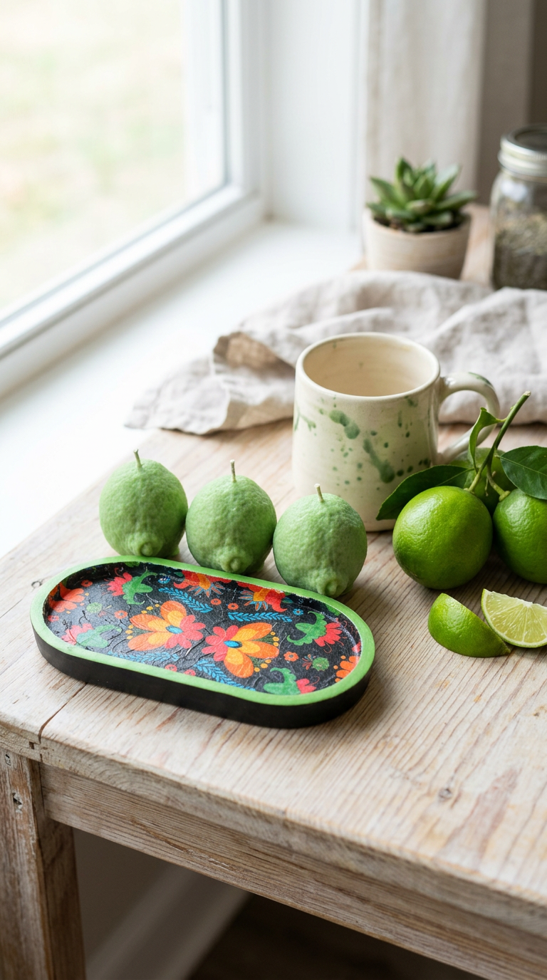 Fiesta Lima – Artisan Lime Candle with Mexican Folk‑Art Tray | Citrus Candle | Fruit Candle Home Décor | Colourful Summer Kitchen Styling | Handcrafted Gift
