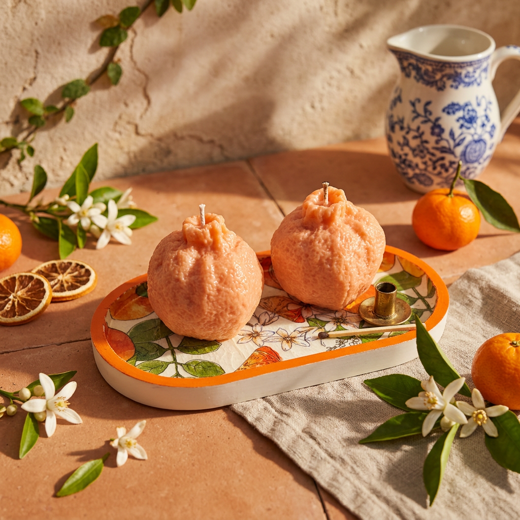 Handmade Citrus Wax Sculpture & Decoupaged Trinket Dish — Mediterranean Spring Home Décor