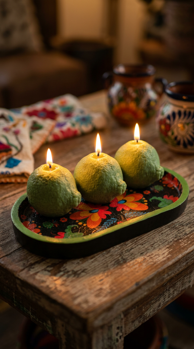 Fiesta Lima – Artisan Lime Candle with Mexican Folk‑Art Tray | Citrus Candle | Fruit Candle Home Décor | Colourful Summer Kitchen Styling | Handcrafted Gift