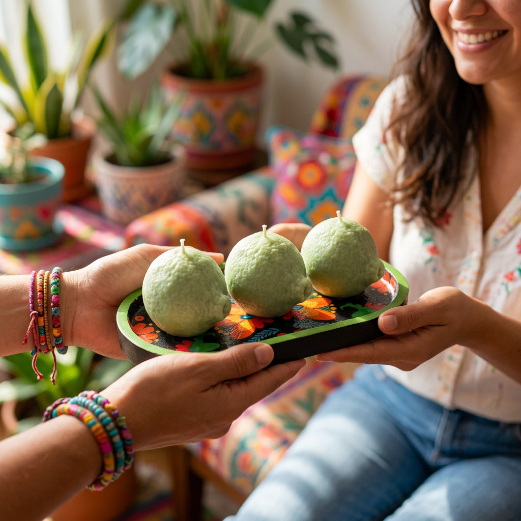 Fiesta Lima – Artisan Lime Candle with Mexican Folk‑Art Tray | Citrus Candle | Fruit Candle Home Décor | Colourful Summer Kitchen Styling | Handcrafted Gift
