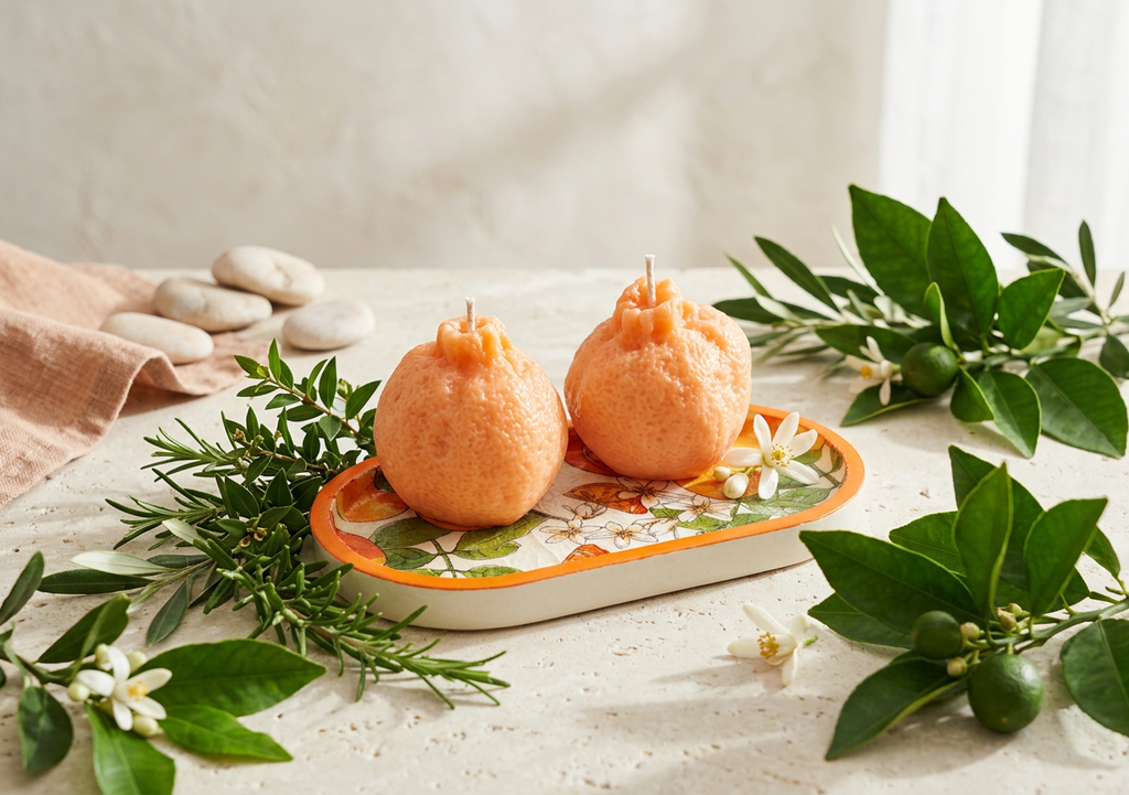 Handmade Citrus Wax Sculpture & Decoupaged Trinket Dish — Mediterranean Spring Home Décor