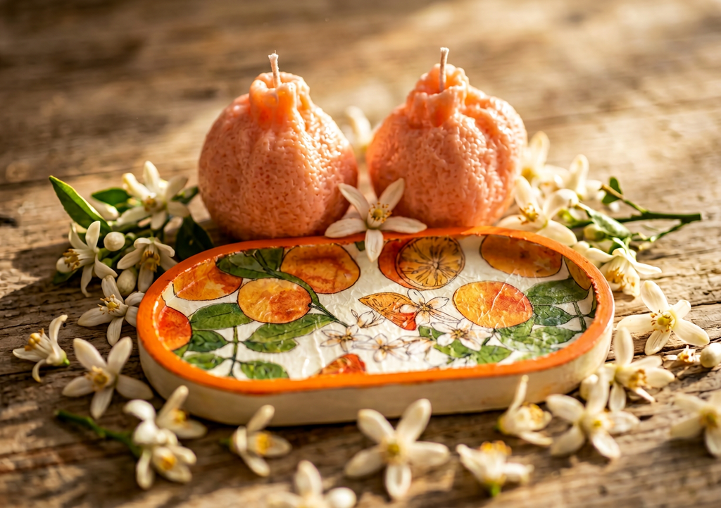 Handmade Citrus Wax Sculpture & Decoupaged Trinket Dish — Mediterranean Spring Home Décor