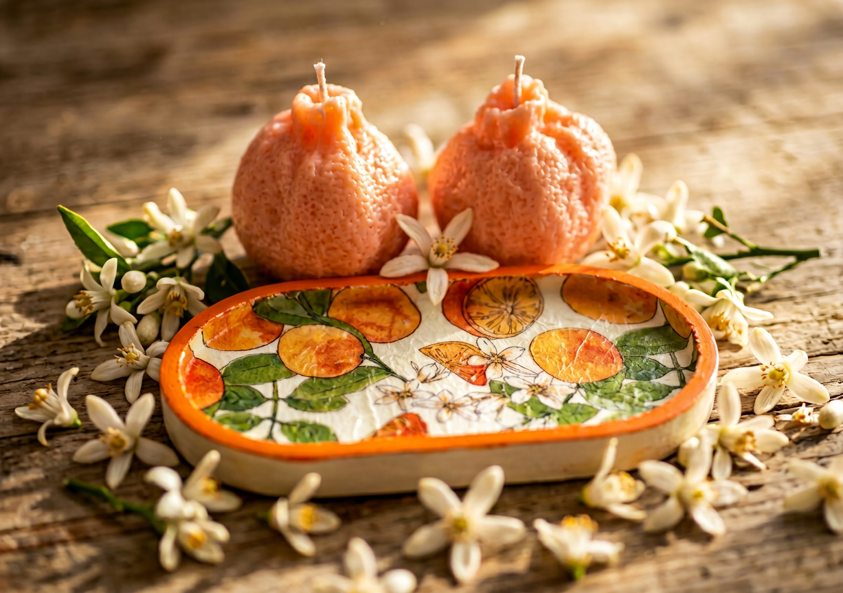 Handmade Citrus Wax Sculpture & Decoupaged Trinket Dish — Mediterranean Spring Home Décor