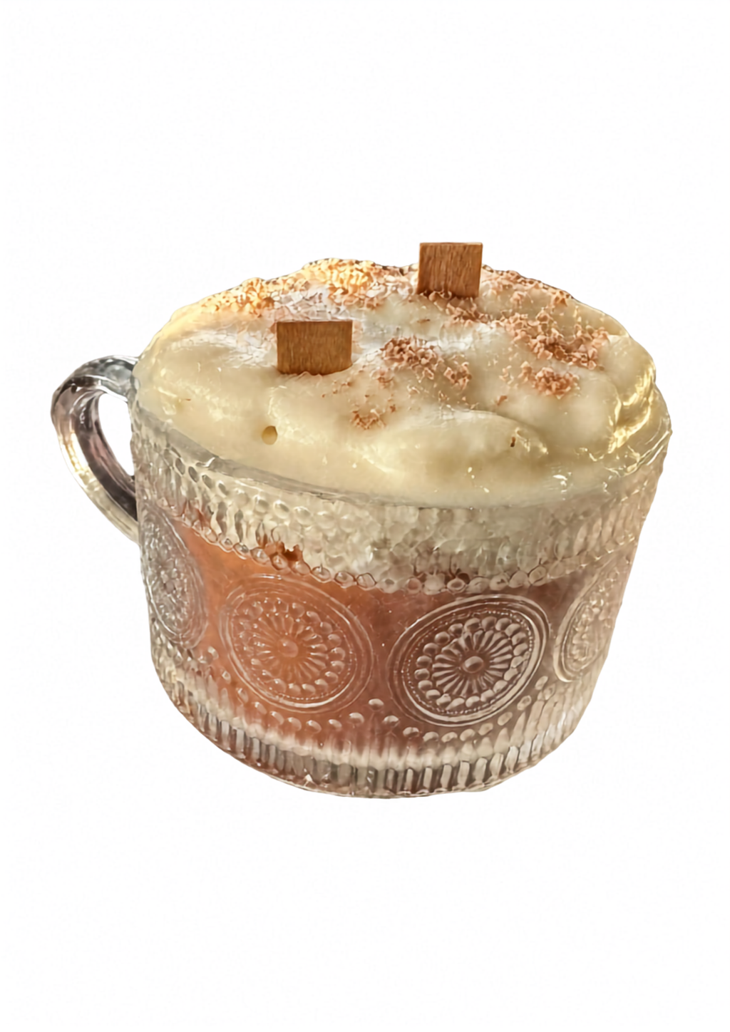 Pumpkin spice latte soy wax candle in an embossed glass coffee mug with two wooden wicks