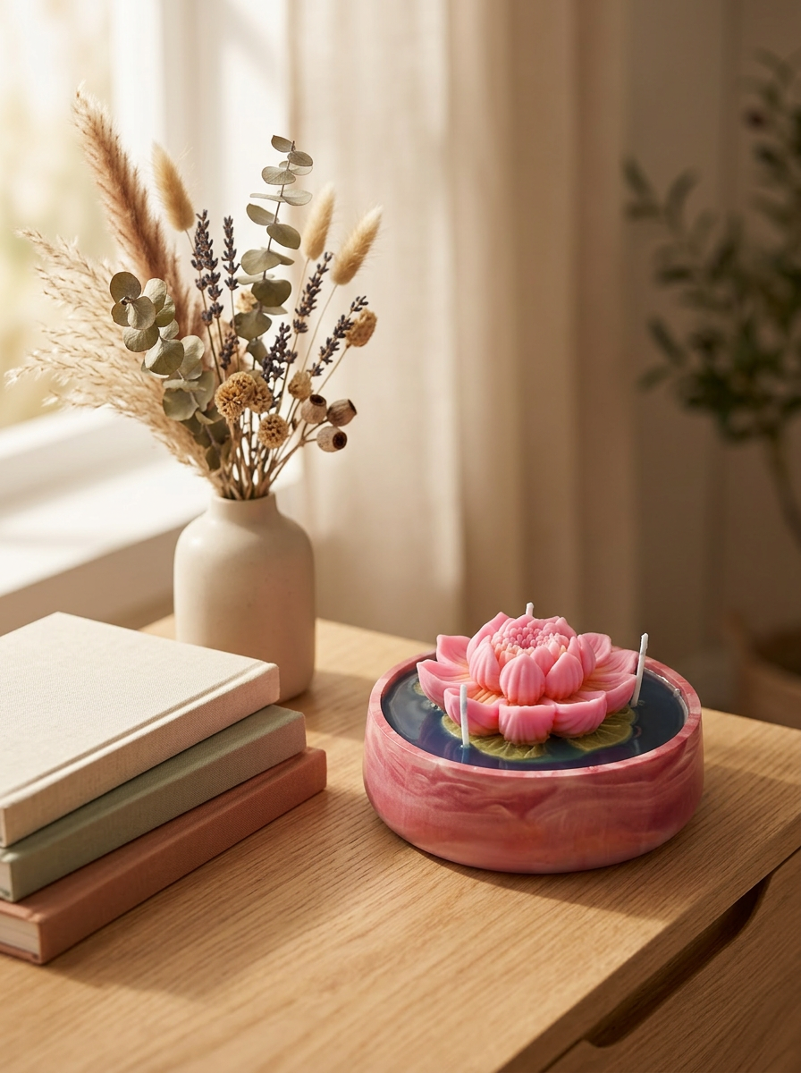 Lotus After The Rain — Sculptural Lotus Candle in Resincrete Bowl (Lotus • Petrichor • Vetiver)