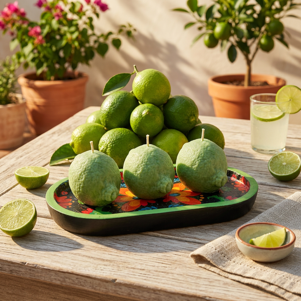 Fiesta Lima – Artisan Lime Candle with Mexican Folk‑Art Tray | Citrus Candle | Fruit Candle Home Décor | Colourful Summer Kitchen Styling | Handcrafted Gift
