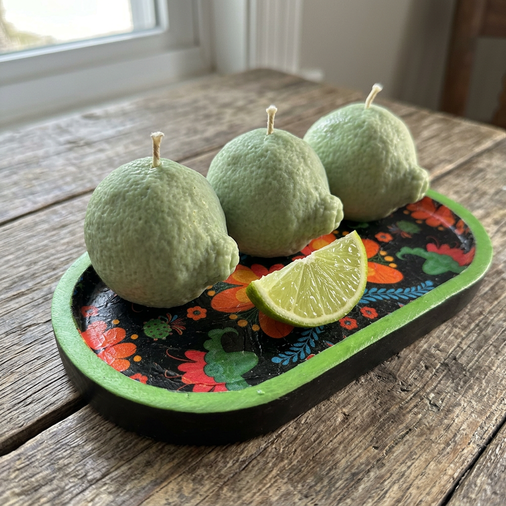 Fiesta Lima – Artisan Lime Candle with Mexican Folk‑Art Tray | Citrus Candle | Fruit Candle Home Décor | Colourful Summer Kitchen Styling | Handcrafted Gift